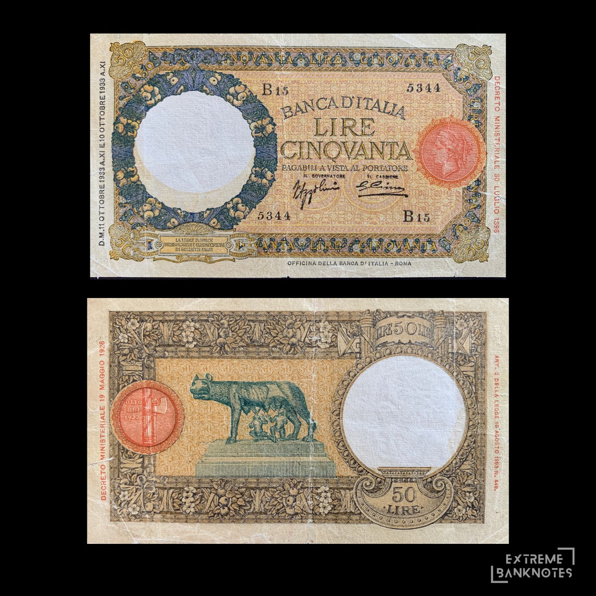 Italy 50 Lire 1933 P-54a F (Lupetta) – front and back