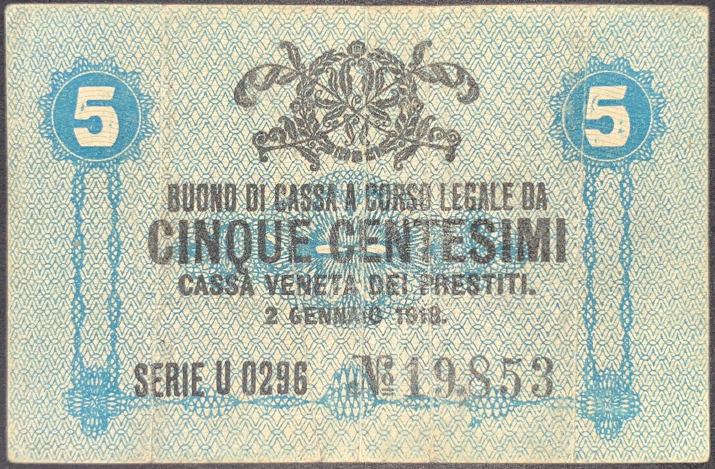 front of Italy 5 Centesimi 1918 P-M1 collectible vintage european small blue banknote