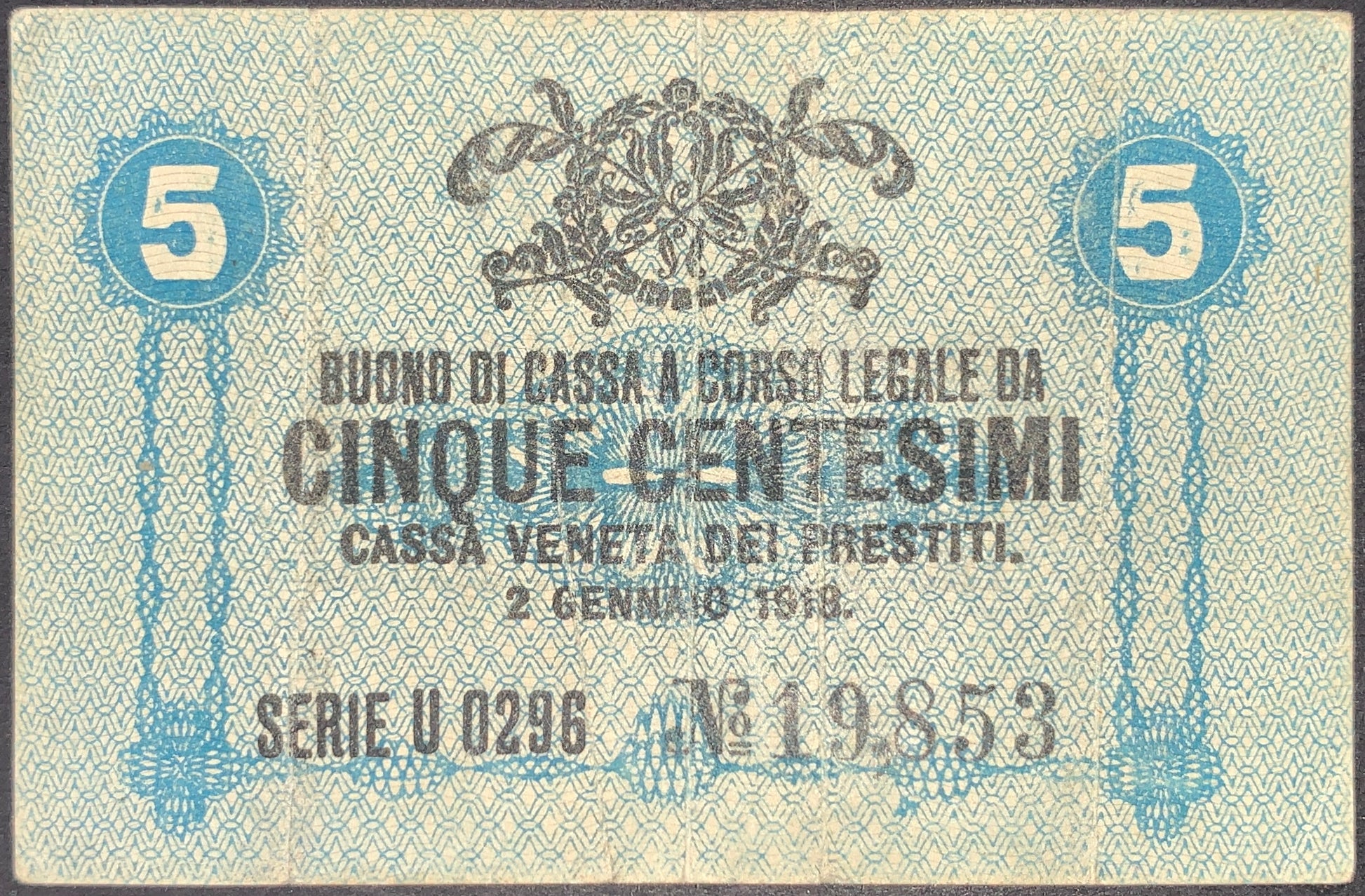 front of Italy 5 Centesimi 1918 P-M1 collectible vintage european small blue banknote