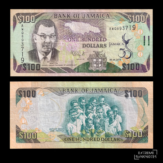 Jamaica 100 Dollars 2012 P-90 VF – front and back