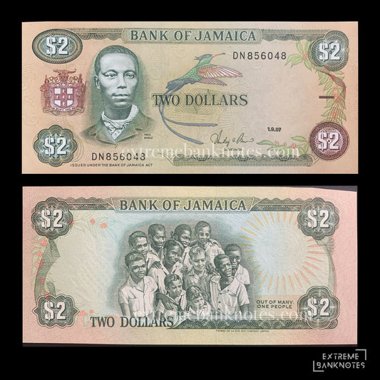 Jamaica 2 Dollars 1987 P-69b VF cut – front and back