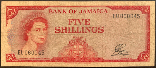 front of Jamaica 5 Shillings 1964 P-51Aa F+ vintage banknote with portrait of Queen Elizabeth II