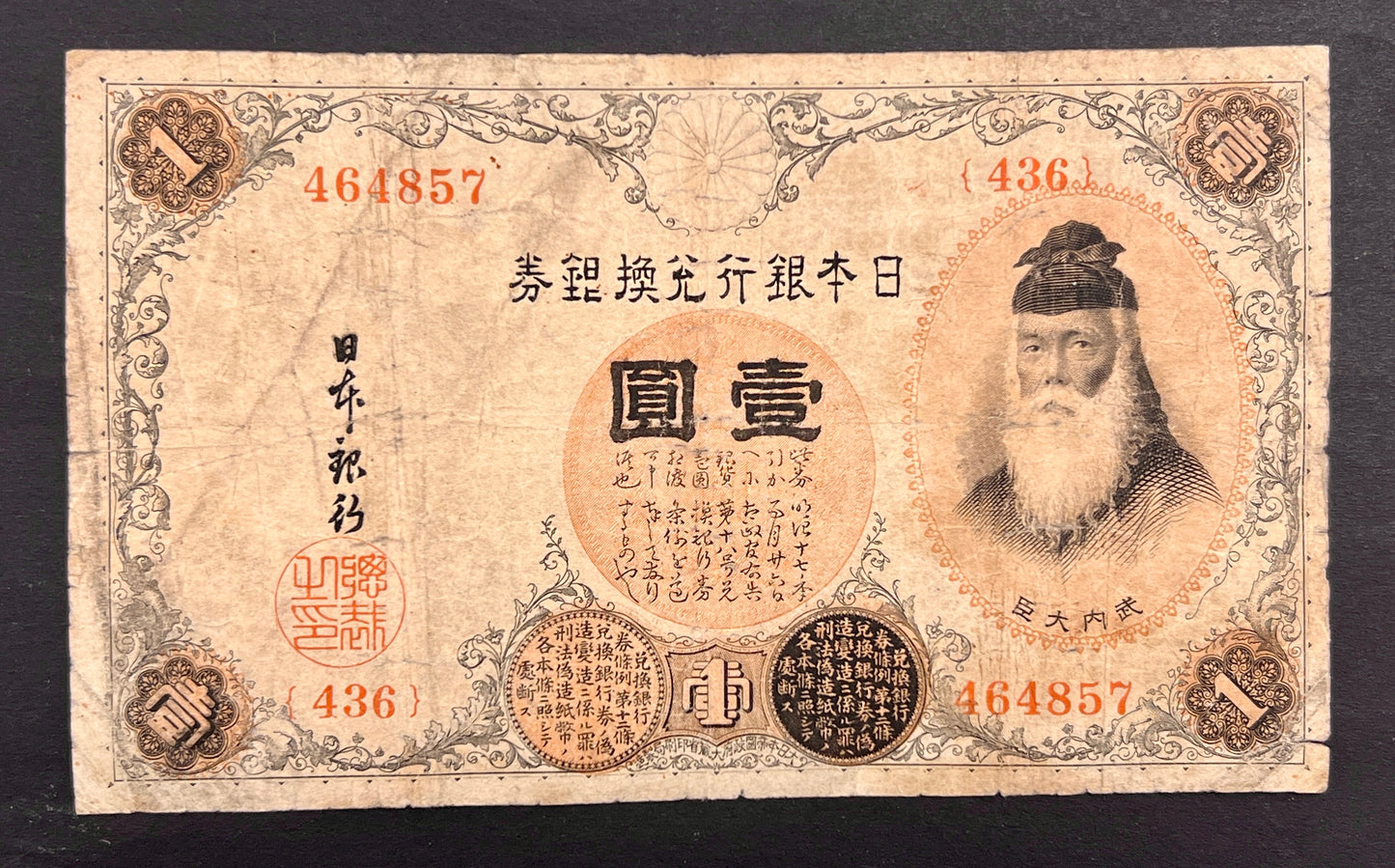 Front view of a vintage 1889 Japan 1 Yen banknote featuring a portrait of legendary statesman Takeuchi Sukune and traditional Japanese calligraphy.