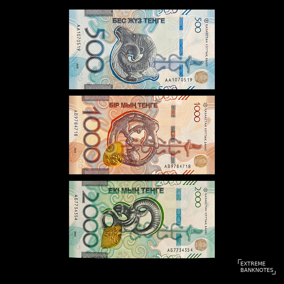 Front view of uncirculated Kazakhstan 500, 1000 and 2000 Tenge Saka style banknotes with Golden Man Tree of Life motifs and animal heads.