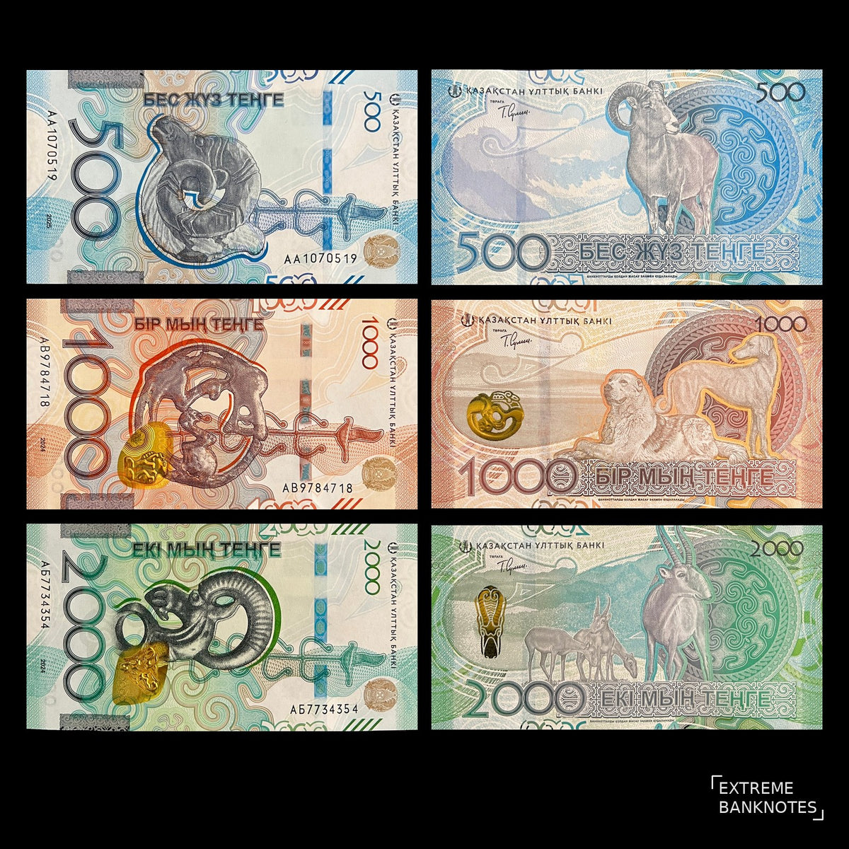 Kazakhstan 3 Banknote Set 2024-2025 UNC Saka style – all 3 notes front and back, 500, 1000 and 2000 Tenge
