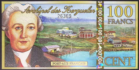 front of Kerguelen Islands 100 Francs 2012 UNC collectible fantasy banknote souvenir currency with portrait of Yves-Joseph de Kerguelen-Trémarec and landscape of port-aux-francais