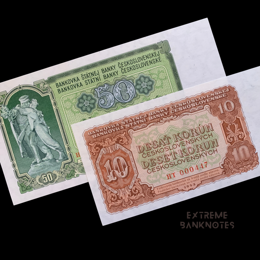 Two vintage banknotes from Czechoslovakia, one green and one brown, on a white background.