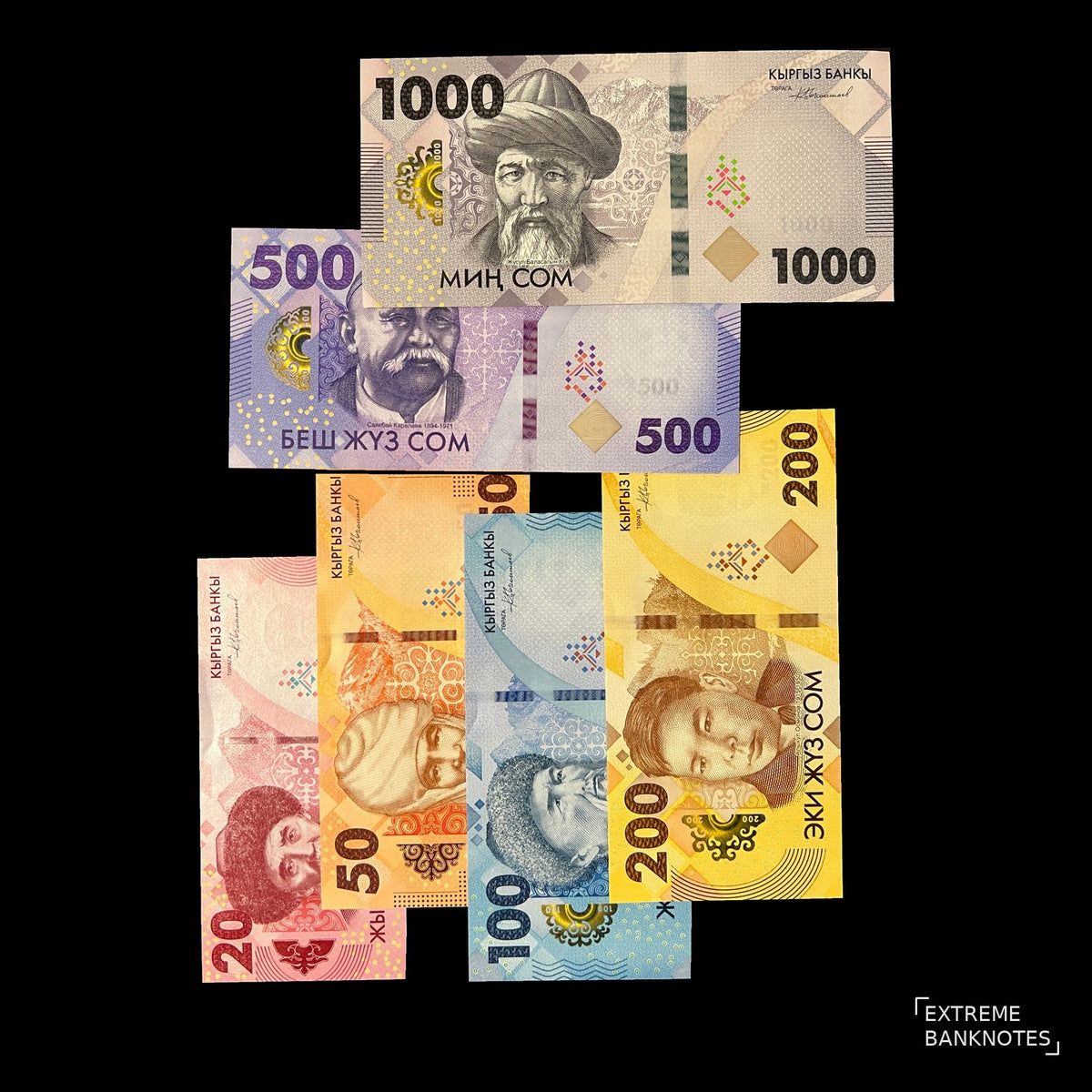 Front view of six uncirculated 2023 Kyrgyzstan banknotes, 20 to 1000 Som, featuring Togolok Moldo, Kurmanjan Datka, Toktogul, Alykul Osmonov, Sayakbay Karalaev and Jusup Balasagun.