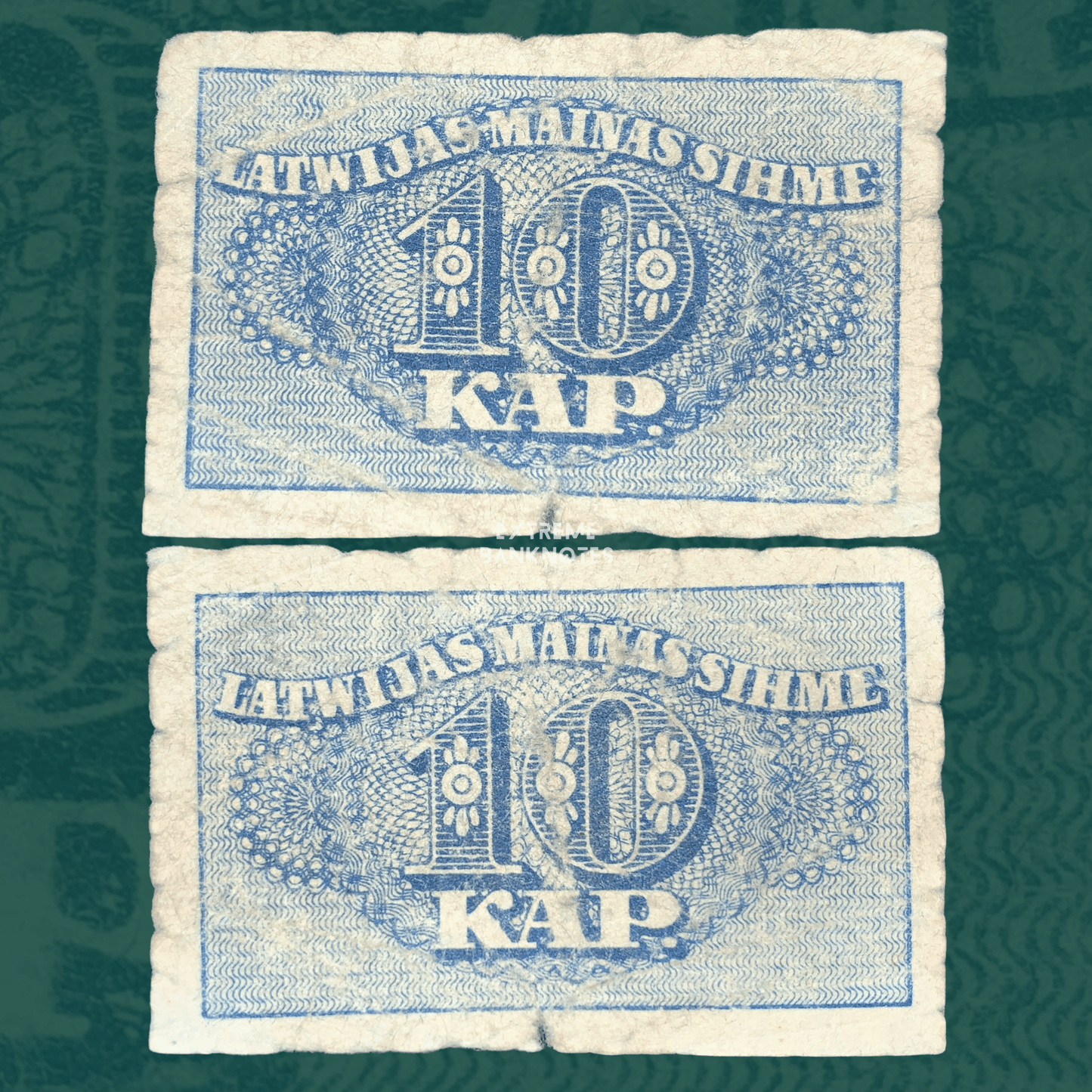 Front and back of Latvia 10 Kapeikas 1920 banknote (P-10), featuring blue intricate guilloche patterns, large "10 KAP." denomination, and Latvian text "Latvijas Maiņas Zīme." Historic Latvian emergency currency note in circulated condition with visible folds and age wear.