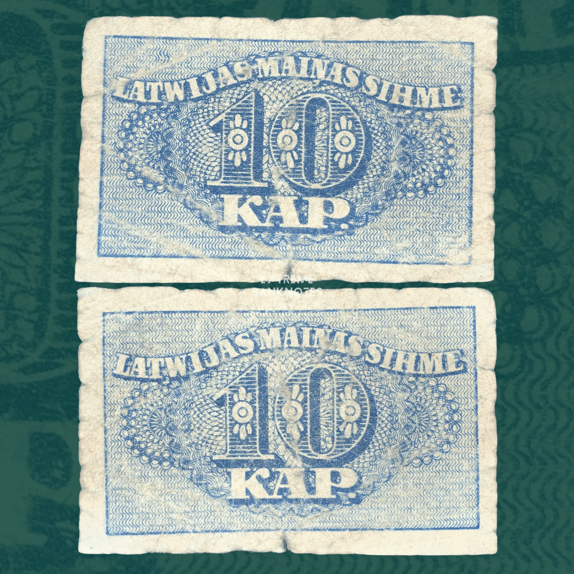 Front and back of Latvia 10 Kapeikas 1920 banknote (P-10), featuring blue intricate guilloche patterns, large "10 KAP." denomination, and Latvian text "Latvijas Maiņas Zīme." Historic Latvian emergency currency note in circulated condition with visible folds and age wear.