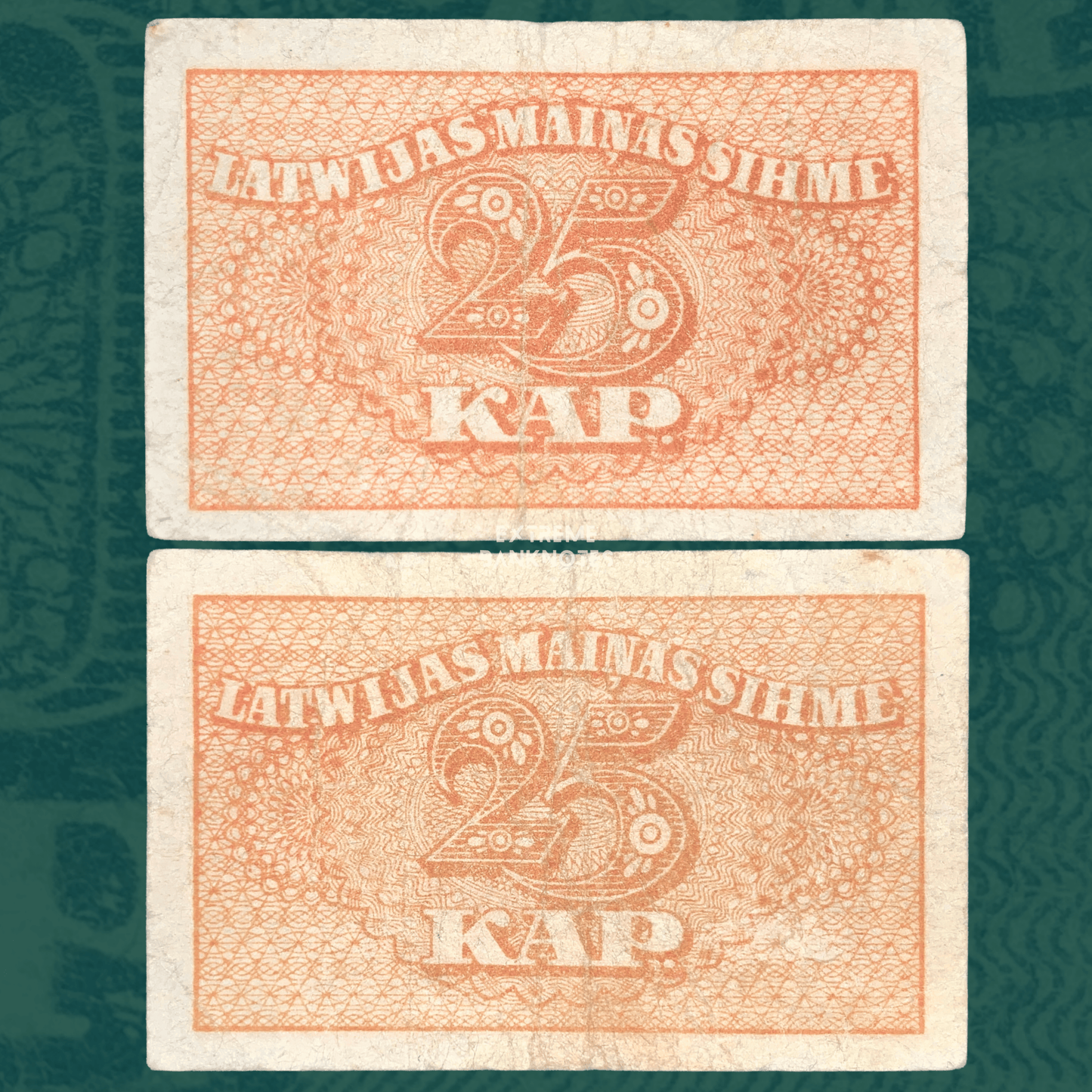 Front and back of Latvia 25 Kapeikas 1920 banknote (P-11), printed in orange with detailed ornamental security patterns, prominent "25 KAP." denomination, and Latvian inscription "Latvijas Maiņas Zīme." Early Latvian Republic currency note showing circulation creases and vintage character.