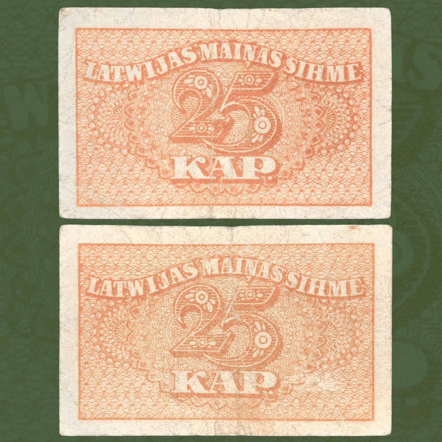 Authentic Latvia 25 Kapiku banknote pair in orange featuring intricate geometric security engraving and prominent denomination design. Emergency currency issued during Latvia's independence period, showcasing classic Baltic numismatic history and vintage paper money craftsmanship.