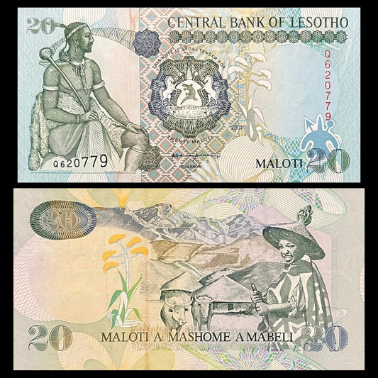 Lesotho 20 Maloti 2001 P-16c UNC banknote – front with King Moshoeshoe I seated and the coat of arms, back with a Basotho herd boy in a mokorotlo hat and cattle