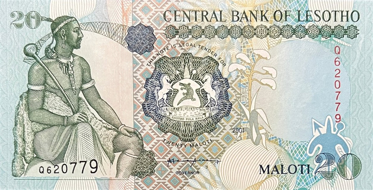 Front view of an uncirculated 2001 Lesotho 20 Maloti banknote featuring King Moshoeshoe I seated with his staff.