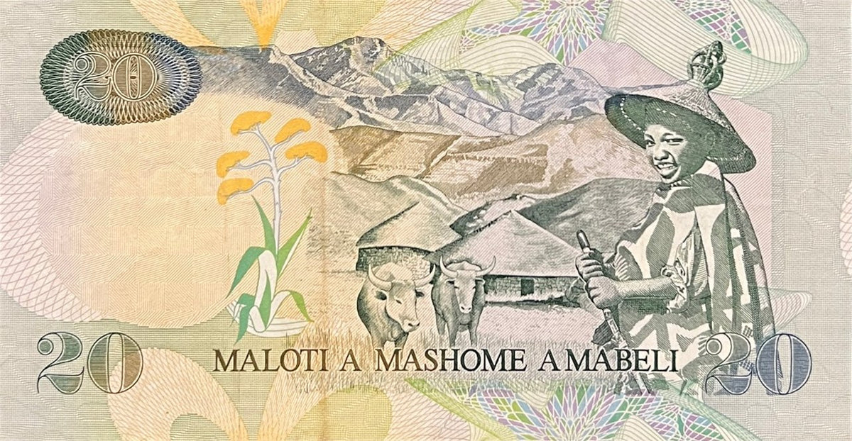 Back view of a 2001 Lesotho 20 Maloti banknote showing a Basotho herd boy in a mokorotlo hat with cattle and huts below the Maloti mountains.
