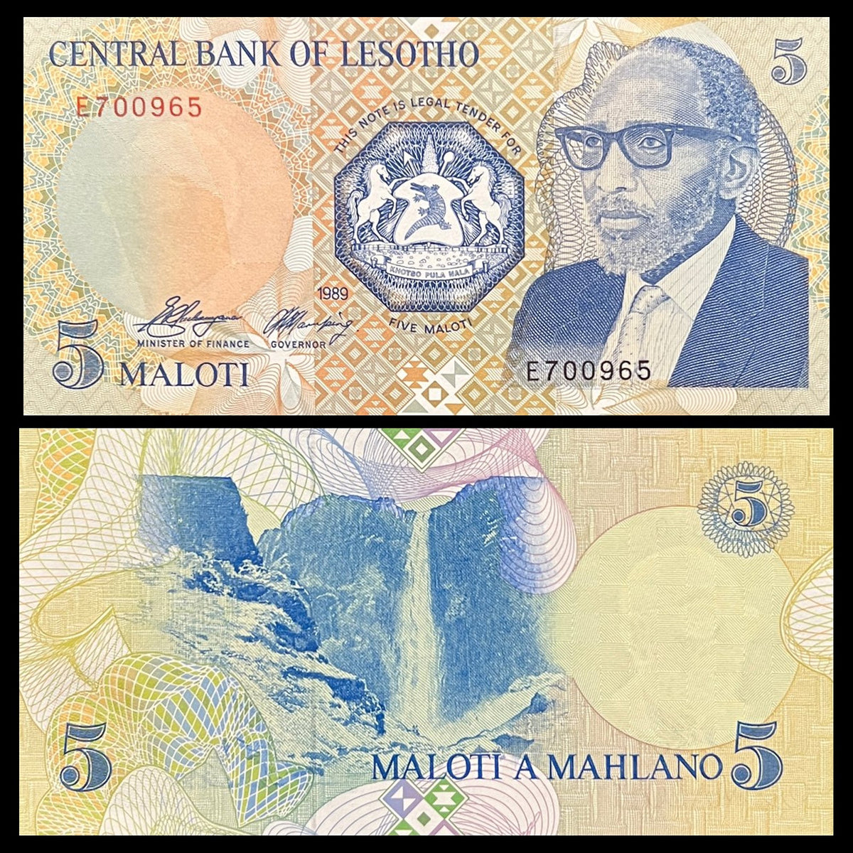 Lesotho 5 Maloti 1989 P-10a XF banknote – front with King Moshoeshoe II and coat of arms, back with Maletsunyane Falls