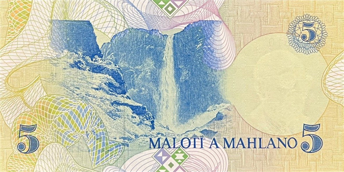 Back view of a 1989 Lesotho 5 Maloti banknote showing the Maletsunyane Falls.