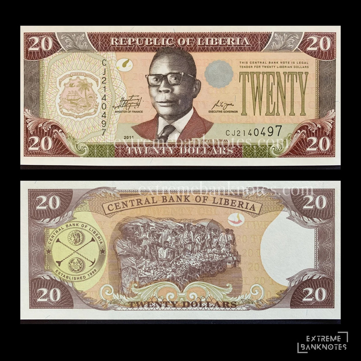 Liberia 20 Dollars 2011 P-28g UNC – front and back