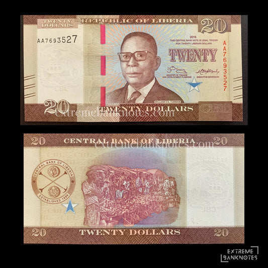 Liberia 20 Dollars 2016 P-33a UNC – front and back