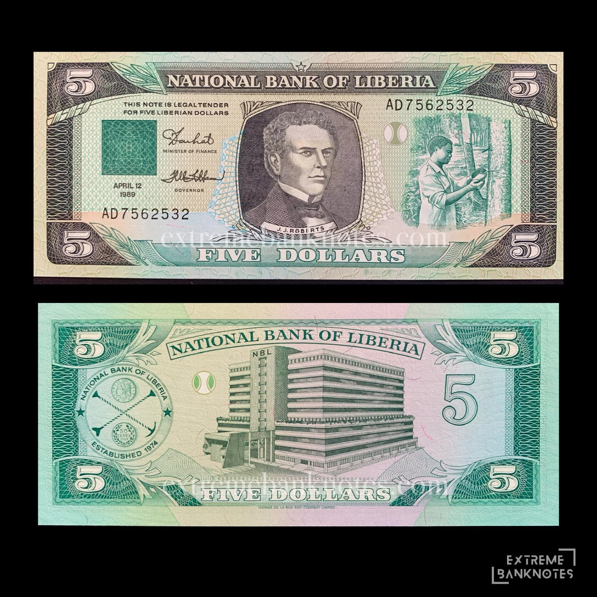 Liberia 5 Dollars 1989 P-19 UNC – front and back