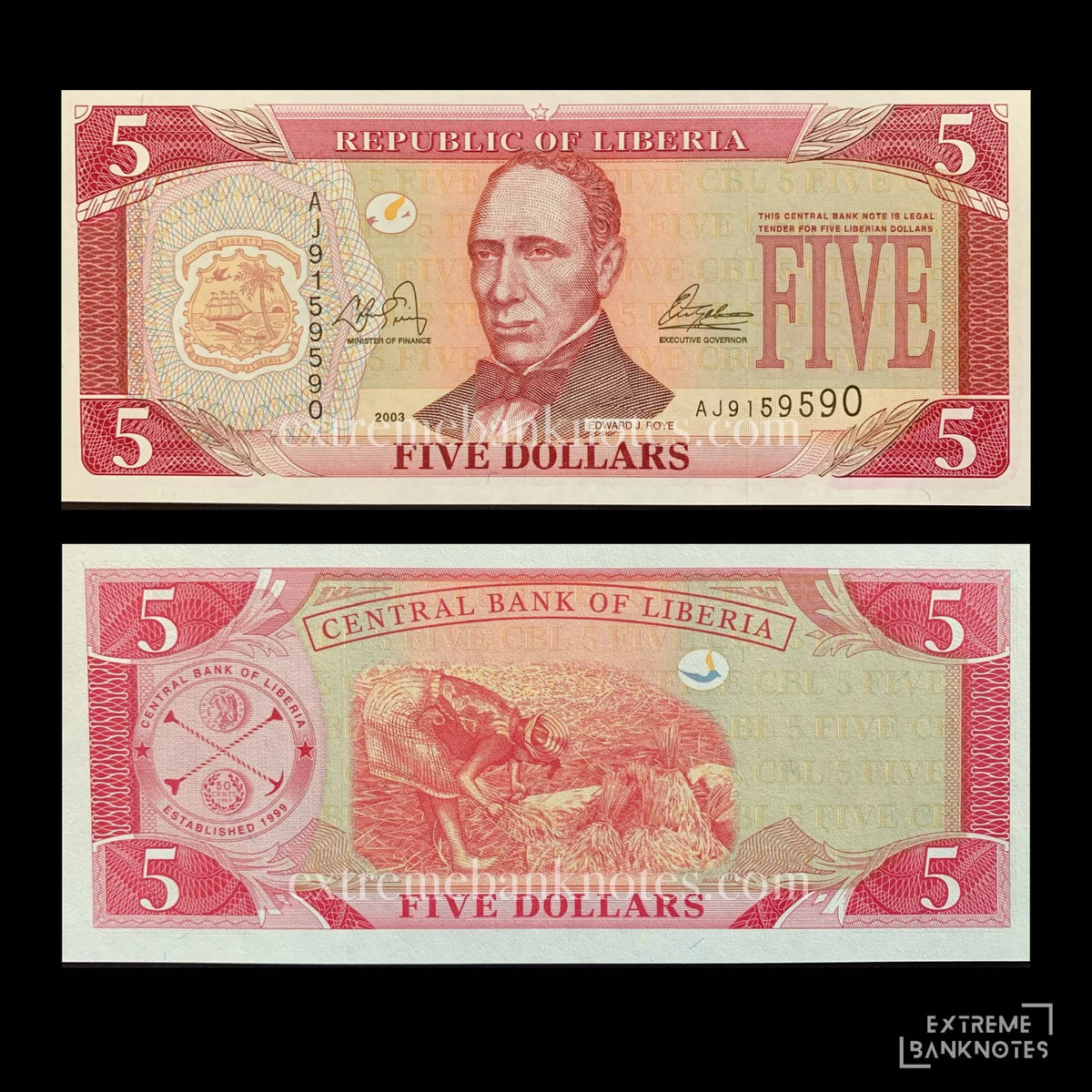 Liberia 5 Dollars 2003 P-26a UNC – front and back