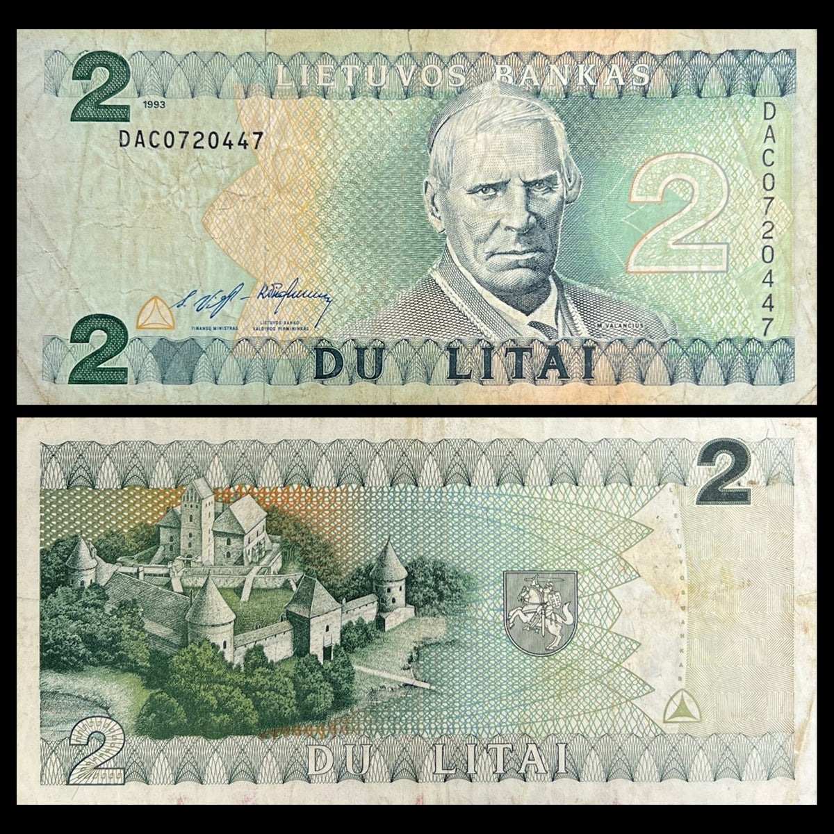 Lithuania 2 Litai 1993 P-54 VF banknote – front with Bishop Motiejus Valančius, back with Trakai Island Castle