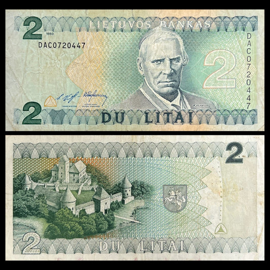 Lithuania 2 Litai 1993 P-54 VF banknote – front with Bishop Motiejus Valančius, back with Trakai Island Castle