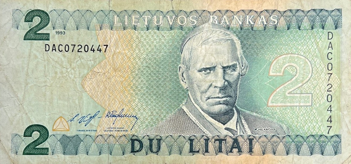 Front view of a very fine 1993 Lithuania 2 Litai banknote featuring Bishop Motiejus Valančius.