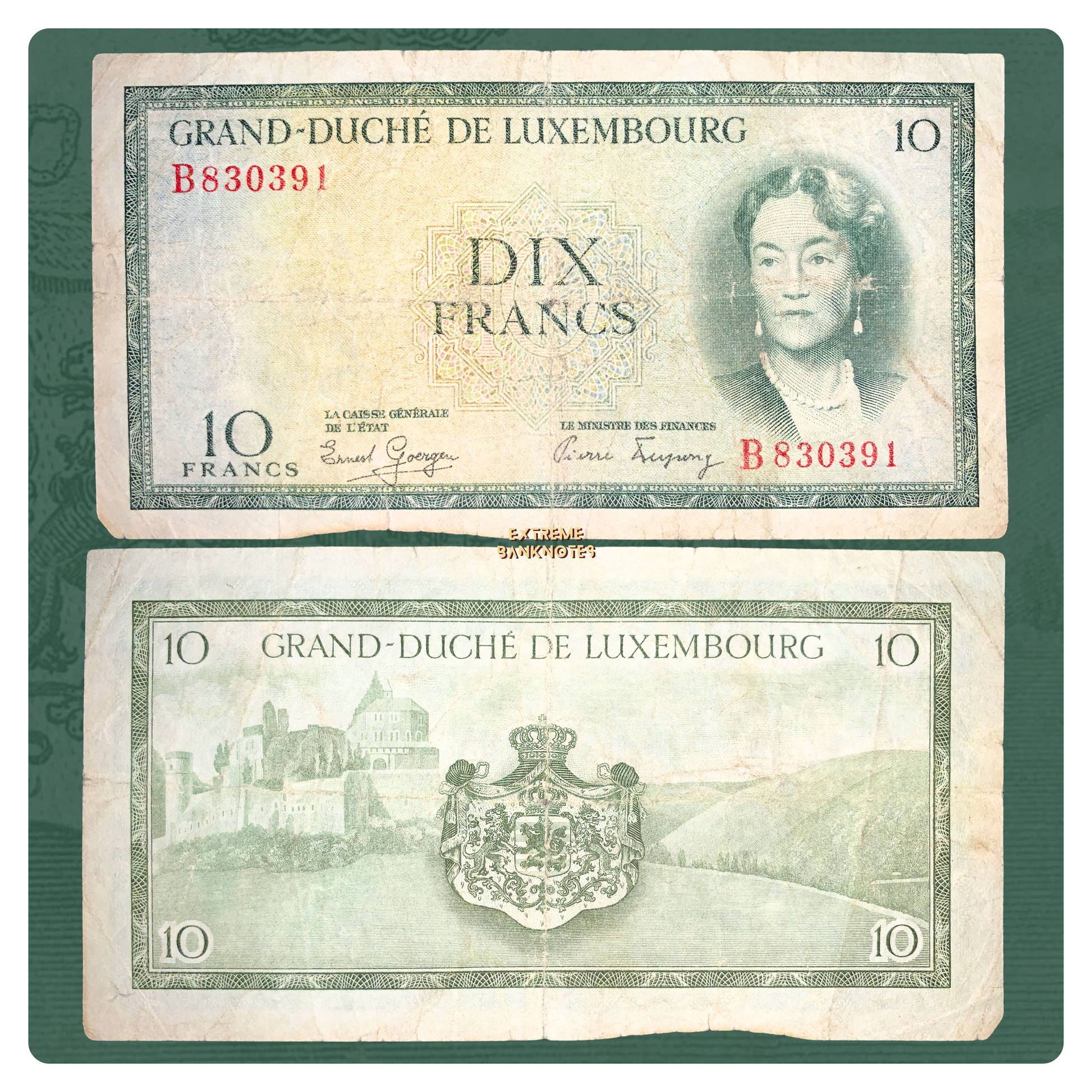 front and back of Luxembourg 10 Francs ND (1954) P-48 VG collectible vintage banknote
