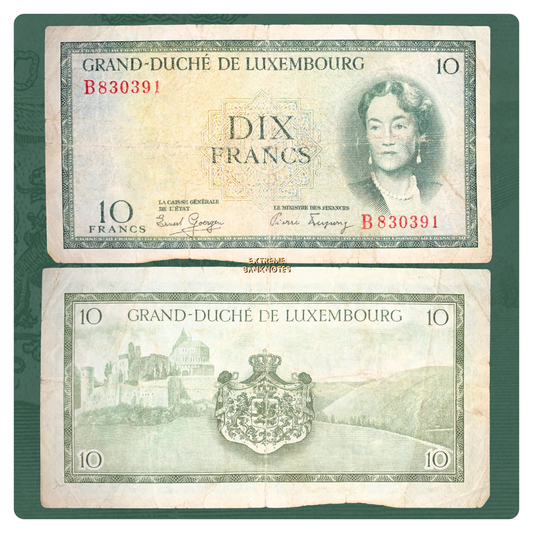 front and back of Luxembourg 10 Francs ND (1954) P-48 VG collectible vintage banknote