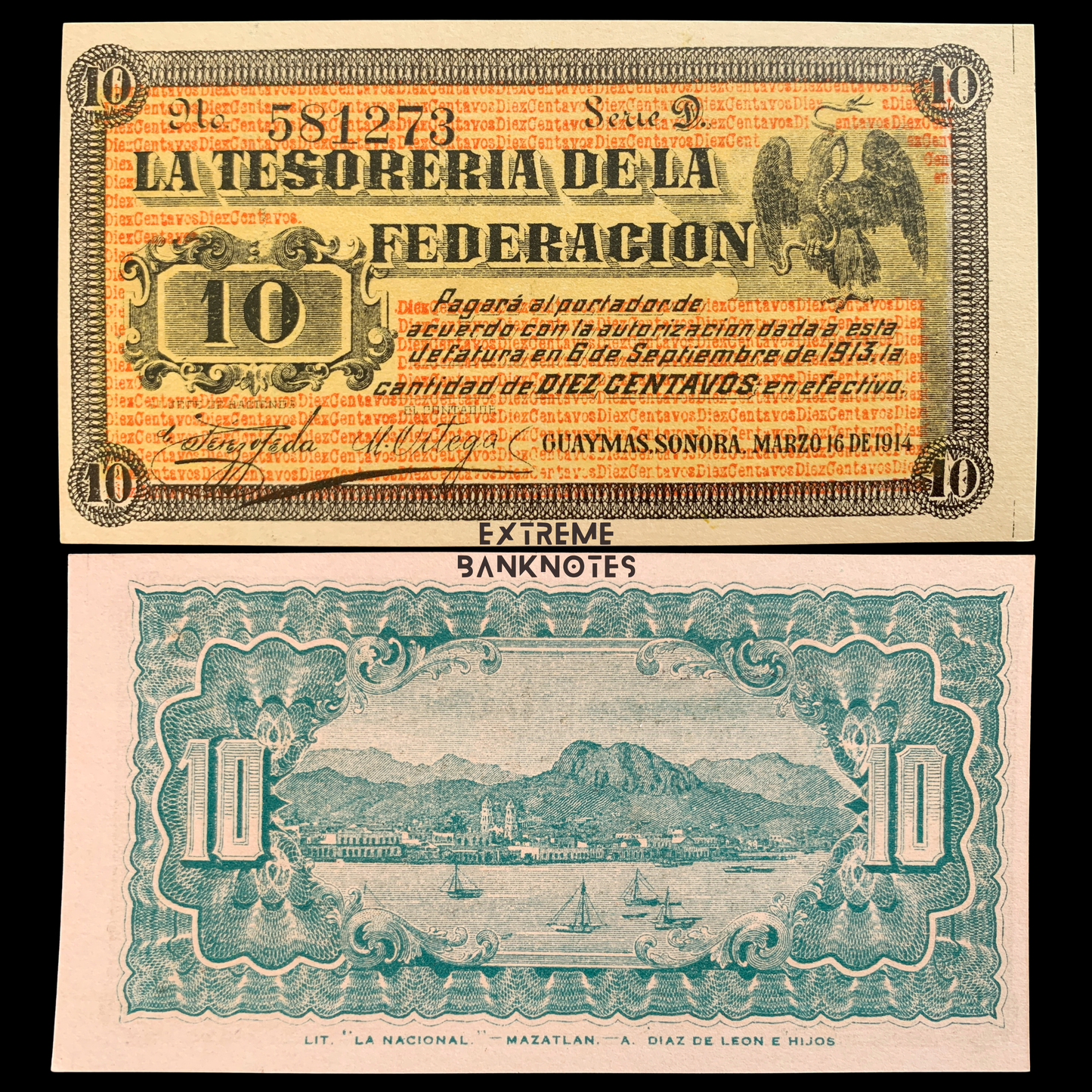front and back of México 10 Centavos 1914 P-S1058 UNC Municipality of Guaymas, State of Sonora collectible banknote