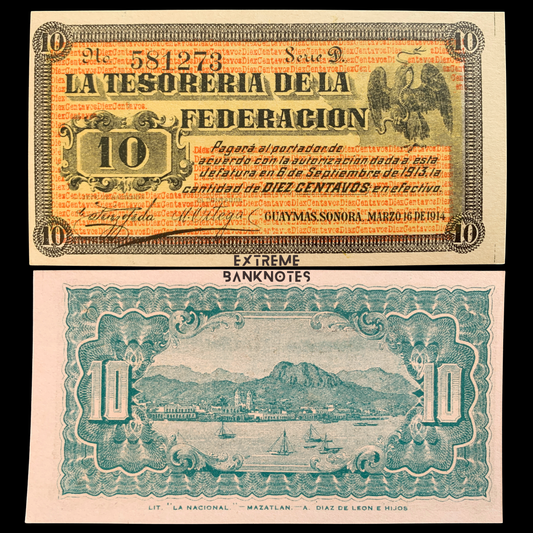 front and back of México 10 Centavos 1914 P-S1058 UNC Municipality of Guaymas, State of Sonora collectible banknote