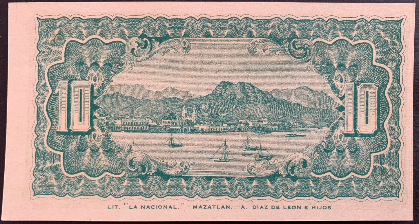 back of México 10 Centavos 1914 P-S1058 UNC Municipality of Guaymas, State of Sonora collectible banknote with landscape of a port