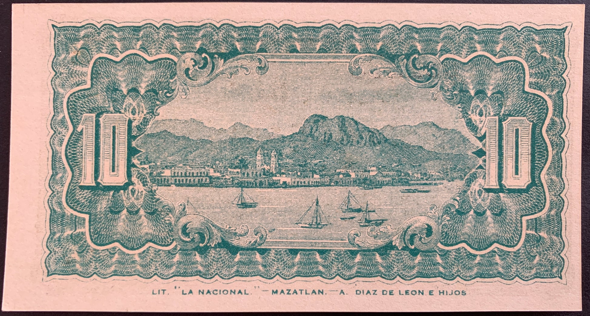 back of México 10 Centavos 1914 P-S1058 UNC Municipality of Guaymas, State of Sonora collectible banknote with landscape of a port