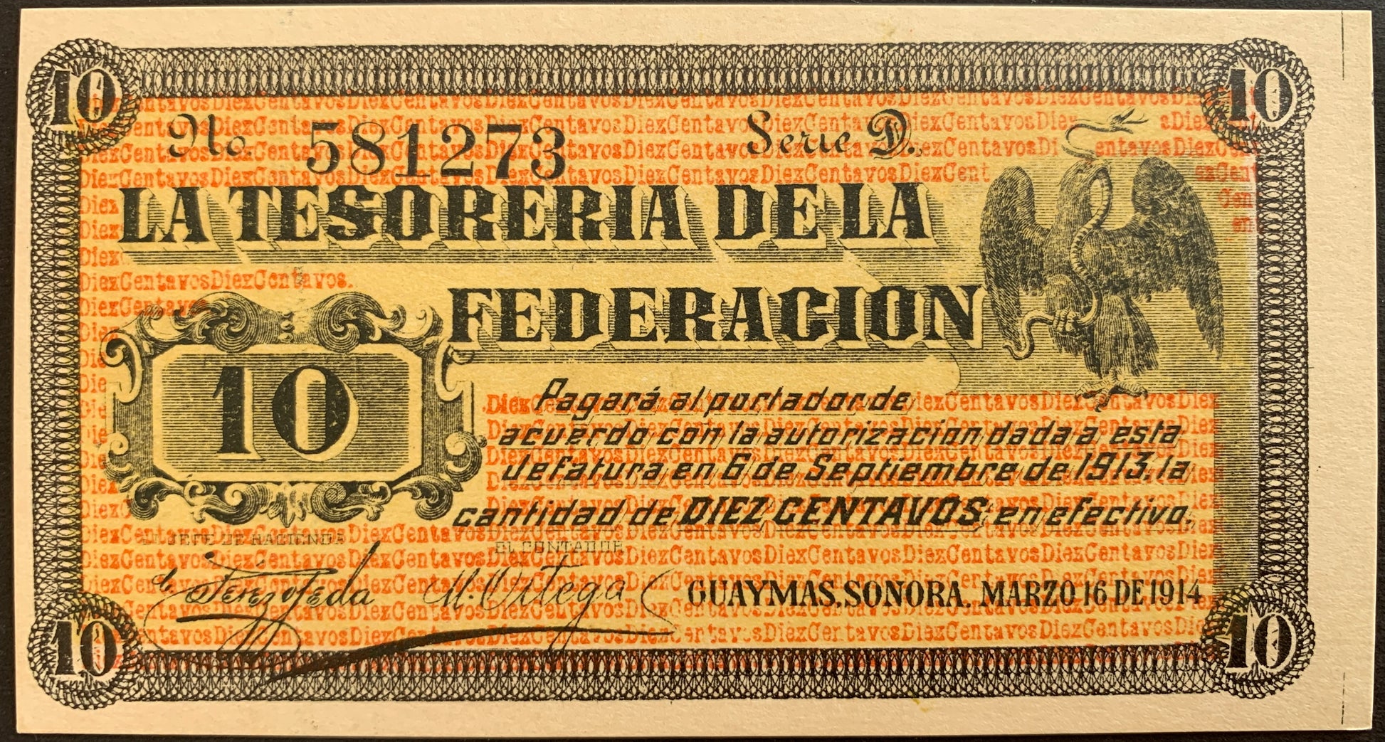 front of México 10 Centavos 1914 P-S1058 UNC Municipality of Guaymas, State of Sonora collectible banknote with eagle holding snake in its beak