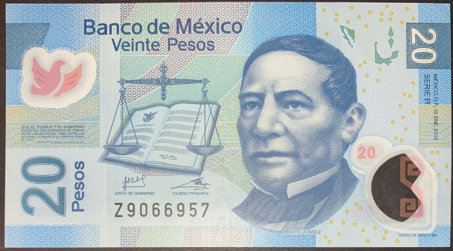 front of México 20 Pesos 2012 P-122r UNC Polymer collectible modern banknote with portrait, dove, and book