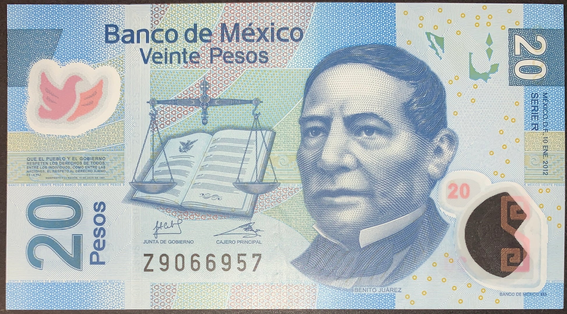 front of México 20 Pesos 2012 P-122r UNC Polymer collectible modern banknote with portrait, dove, and book