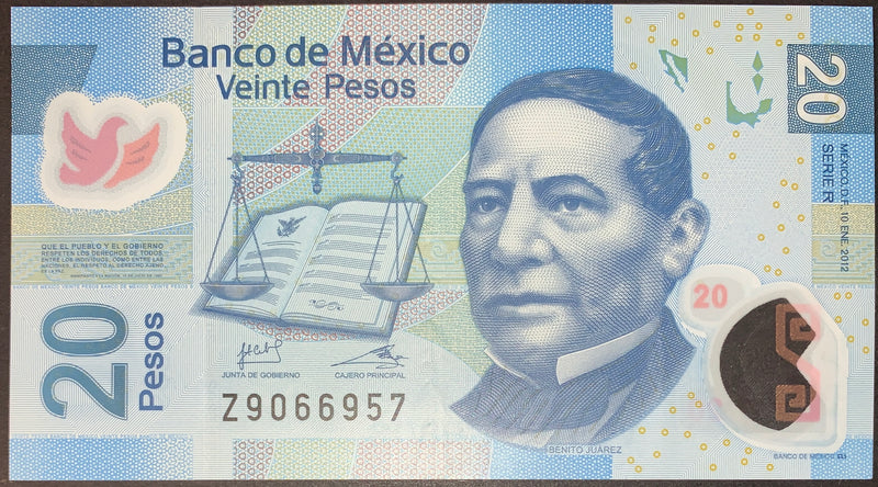 front of México 20 Pesos 2012 P-122r UNC Polymer collectible modern banknote with portrait, dove, and book