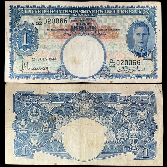 Malaya 1 Dollar 1941 banknote featuring King George VI, issued by the Board of Commissioners of Currency Malaya, front and back shown