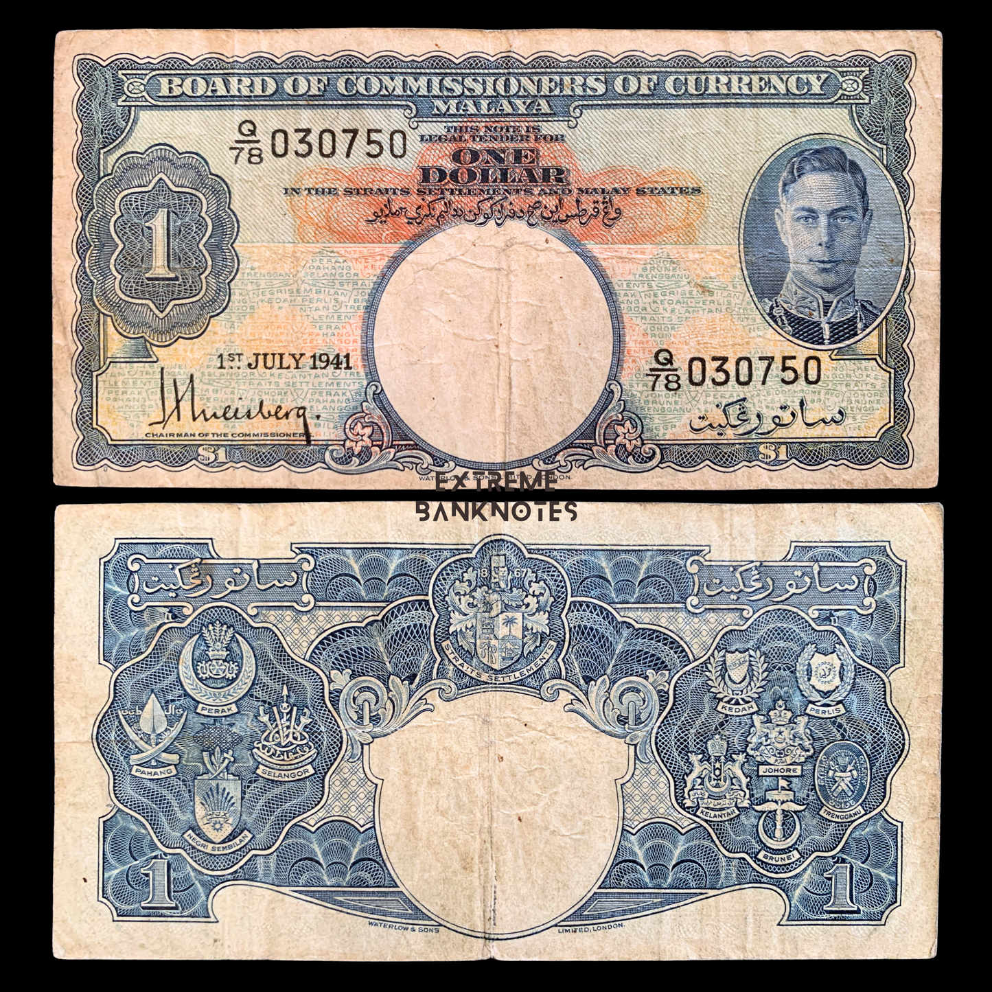 front and back of Malaya 1 Dollar 1941 P-11 VF collectible banknote