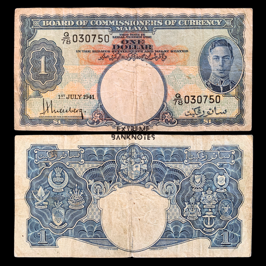 front and back of Malaya 1 Dollar 1941 P-11 VF collectible banknote