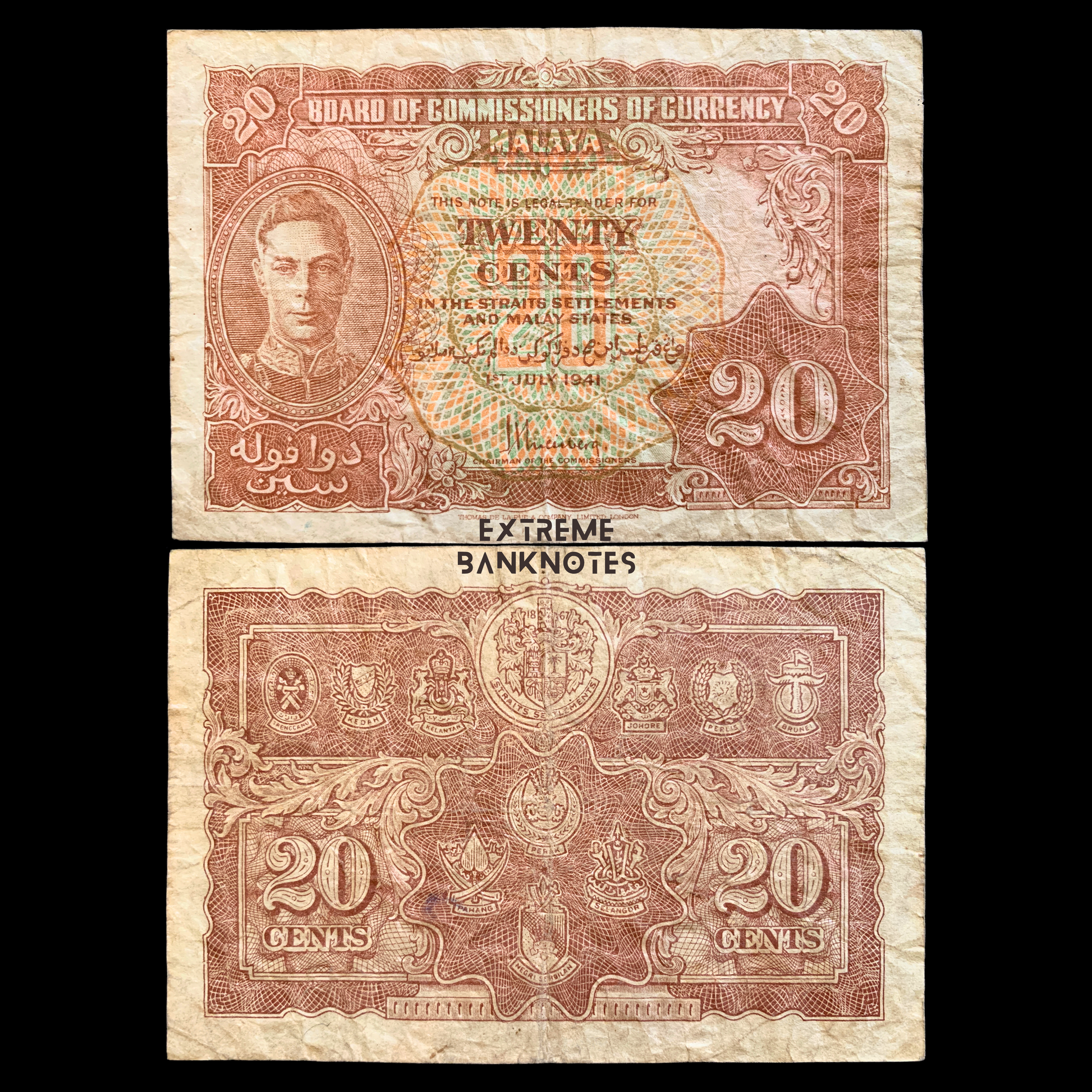 front and back of Malaya 20 Cents 1941 P-9 VF collectible banknote