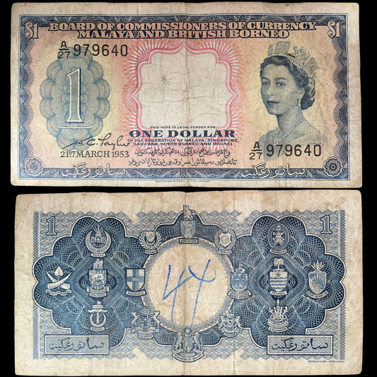 Malaya and British Borneo 1 Dollar 1953 banknote featuring Queen Elizabeth II, issued by the Board of Commissioners of Currency, front and back shown