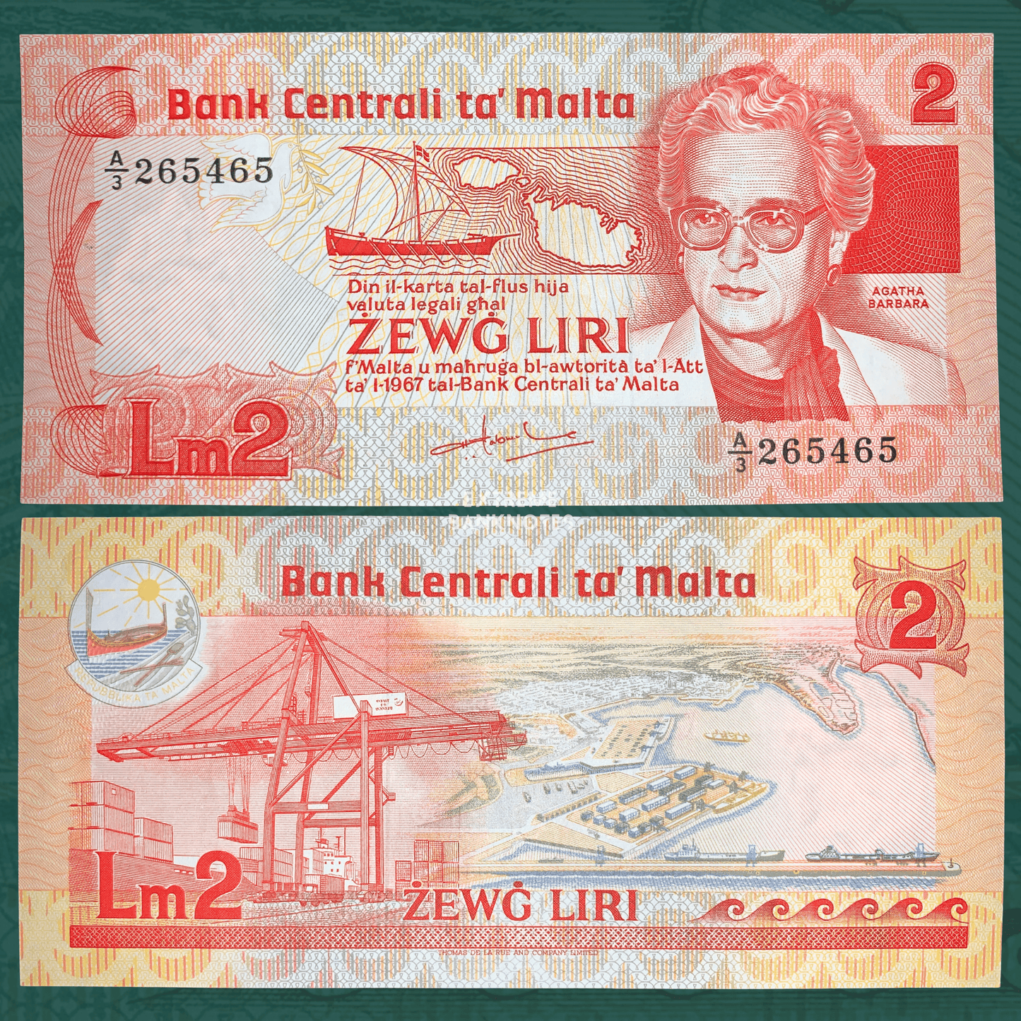 Front and back of Malta 2 Liri banknote ND (1986) P-37, featuring a portrait of Agatha Barbara, a traditional Maltese sailing vessel, and a map of Malta on the obverse. Reverse depicts the Malta Freeport container terminal, harbor facilities, cargo cranes, and maritime trade infrastructure in detailed multicolor engraving.