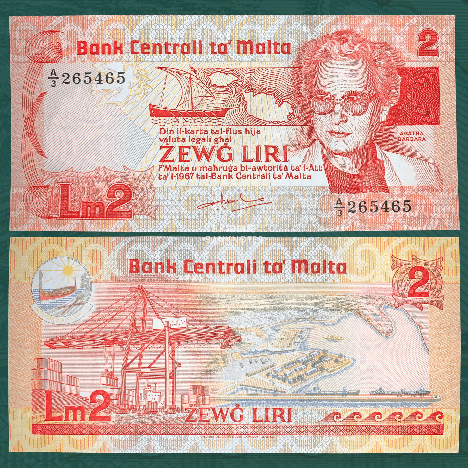 Front and back of Malta 2 Liri banknote ND (1986) P-37, featuring a portrait of Agatha Barbara, a traditional Maltese sailing vessel, and a map of Malta on the obverse. Reverse depicts the Malta Freeport container terminal, harbor facilities, cargo cranes, and maritime trade infrastructure in detailed multicolor engraving.