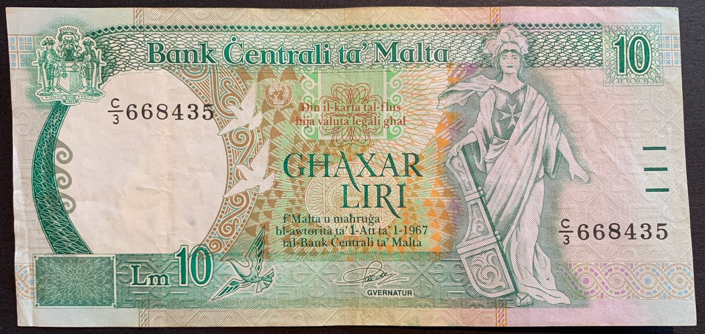 Malta 10 Liri ND (1989) P-43 collectible pre-euro vintage banknote with personification of Malta, doves, and mosaics