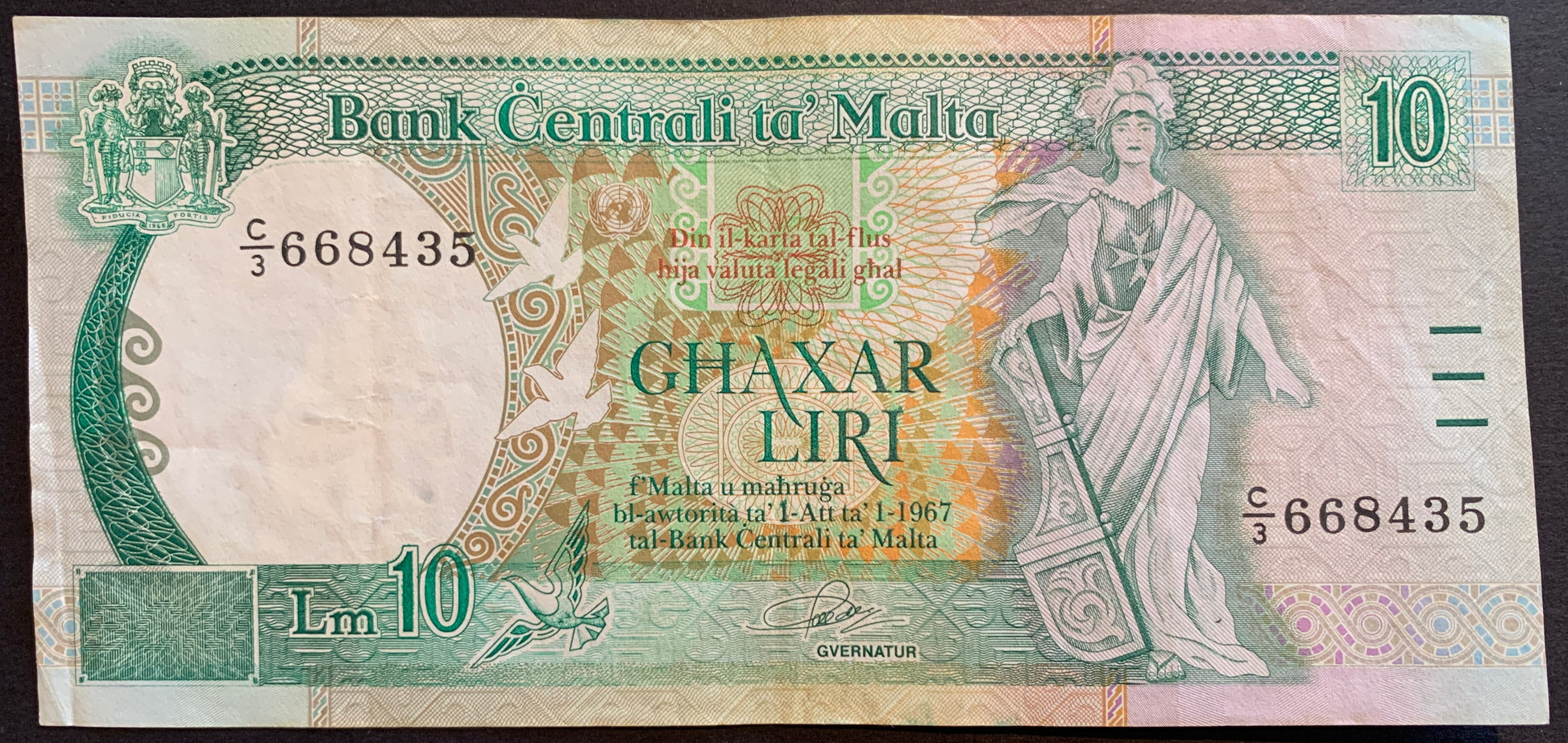 Malta 10 Liri ND (1989) P-43 collectible pre-euro vintage banknote with personification of Malta, doves, and mosaics
