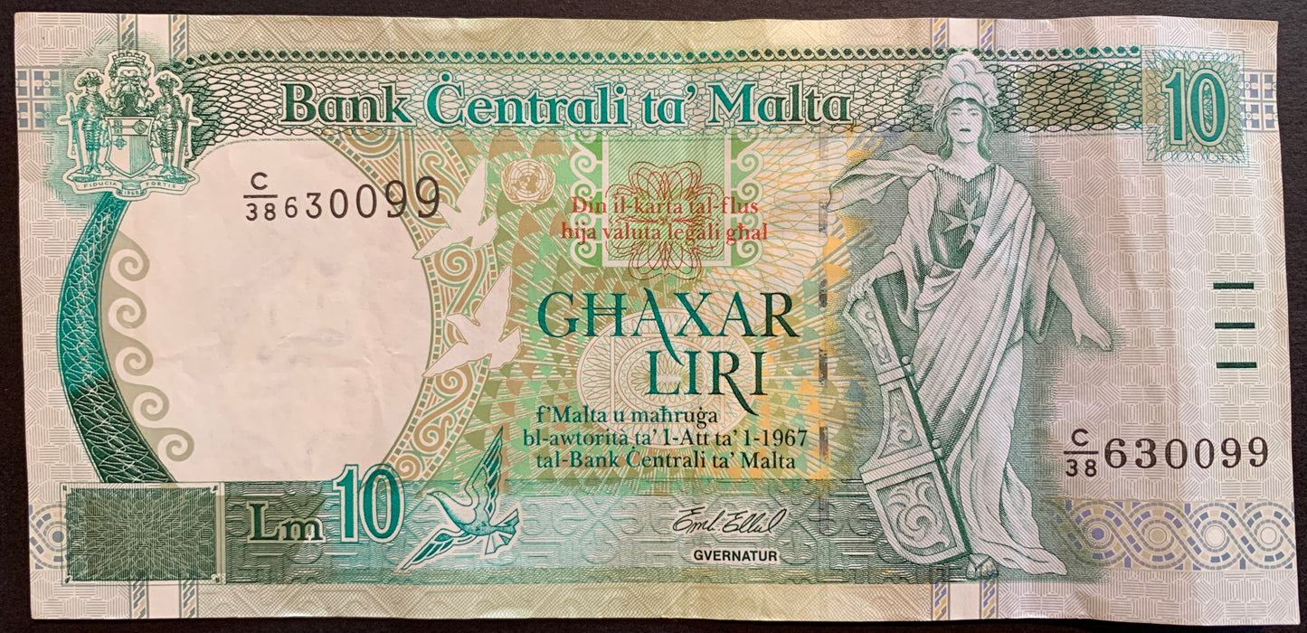 Malta 10 Liri ND (1997-1999) P-47b VF collectible pre-euro banknote with personification of Malta, mosaic, and doves