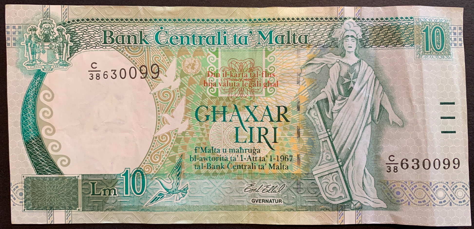 Malta 10 Liri ND (1997-1999) P-47b VF collectible pre-euro banknote with personification of Malta, mosaic, and doves