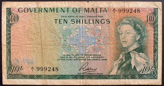 Malta 10 Shillings ND (1963) P-25 F+ vintage collectible banknote with portrait of Queen Elizabeth II and George Cross